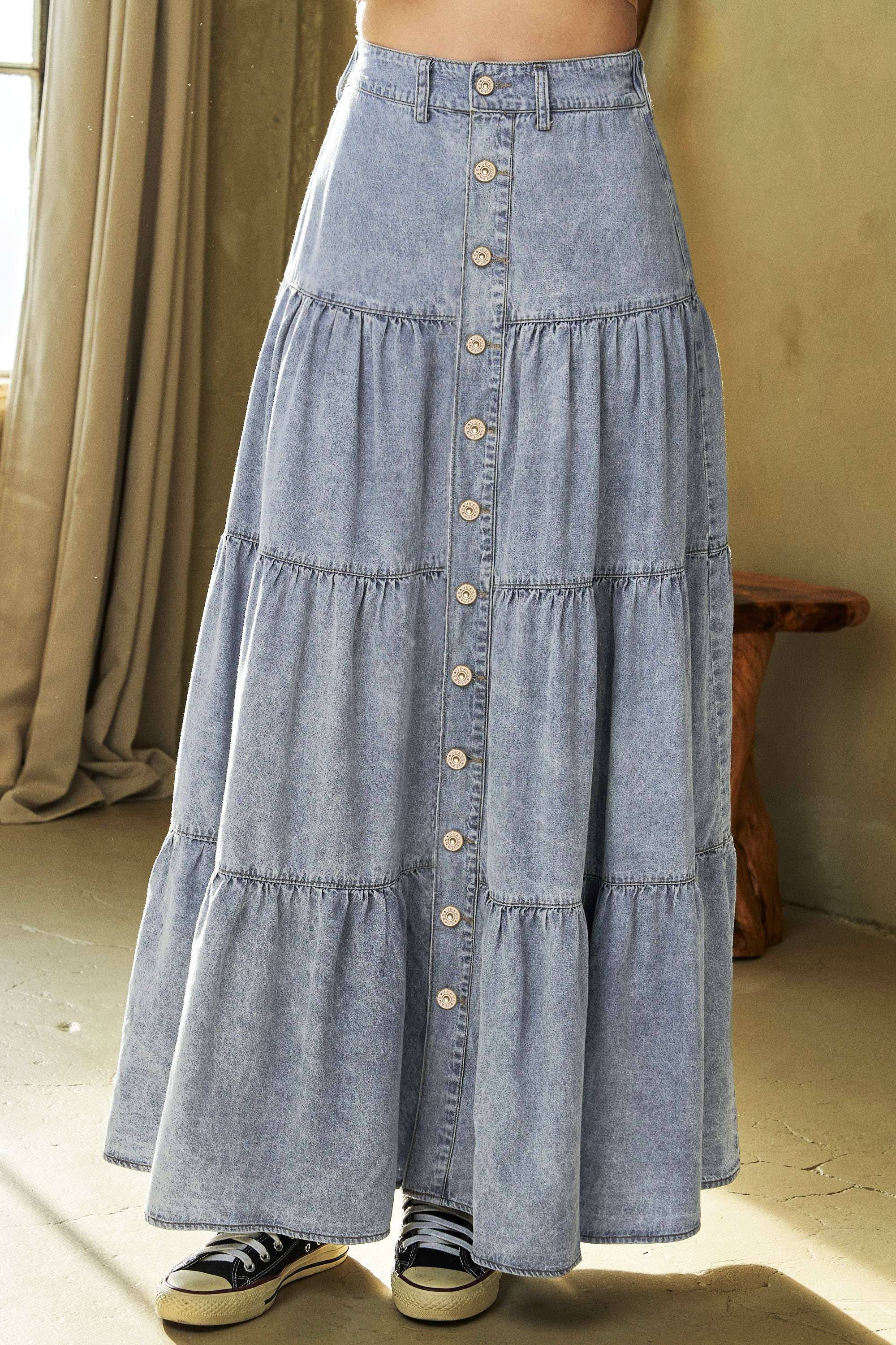 Davi & Dani - DENIM BUTTON FRONT RUFFLE HEM DENIM MAXI SKIRT