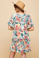 Shopin LA - .SD21025-1011 WOMEN FLORAL SHORT SLV MIDI DRESS WITH RUFFLE
