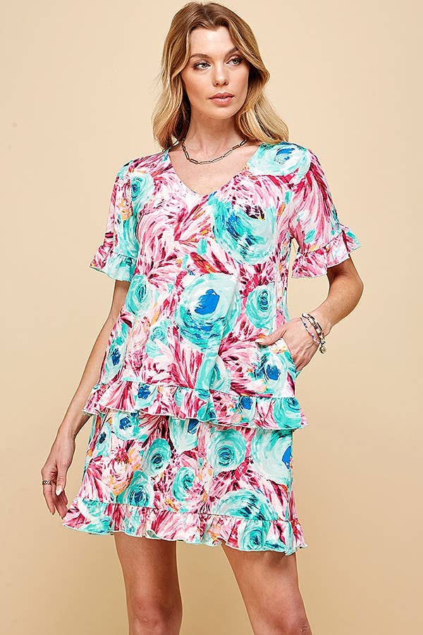 Shopin LA - .SD21025-1011 WOMEN FLORAL SHORT SLV MIDI DRESS WITH RUFFLE