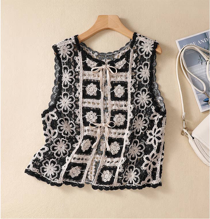Hope & Sunshine - Crochet Lace-Up Open Knit Cardigan