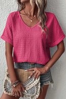 Bright Pink Textured Rolled Short Sleeve V Neck Blouse