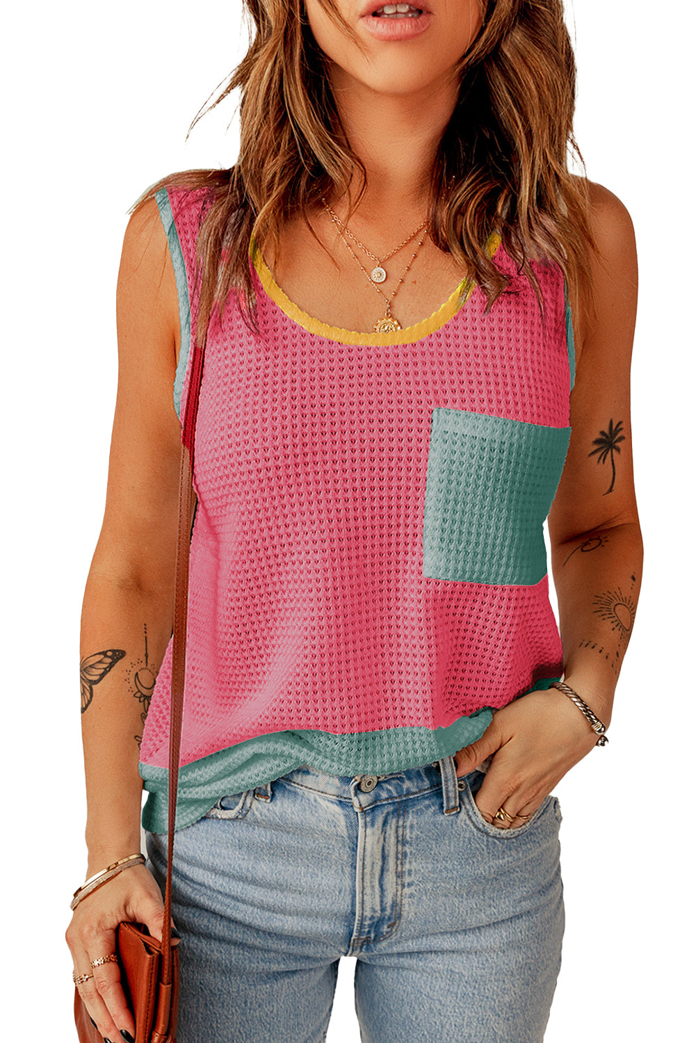 Rose Red Color Block Patched Pocket Waffle Knit Tank Top