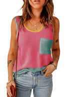Rose Red Color Block Patched Pocket Waffle Knit Tank Top