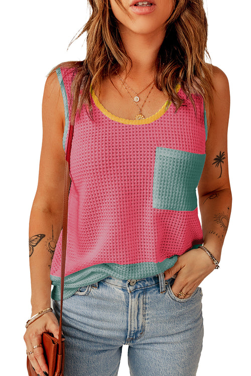 Rose Red Color Block Patched Pocket Waffle Knit Tank Top