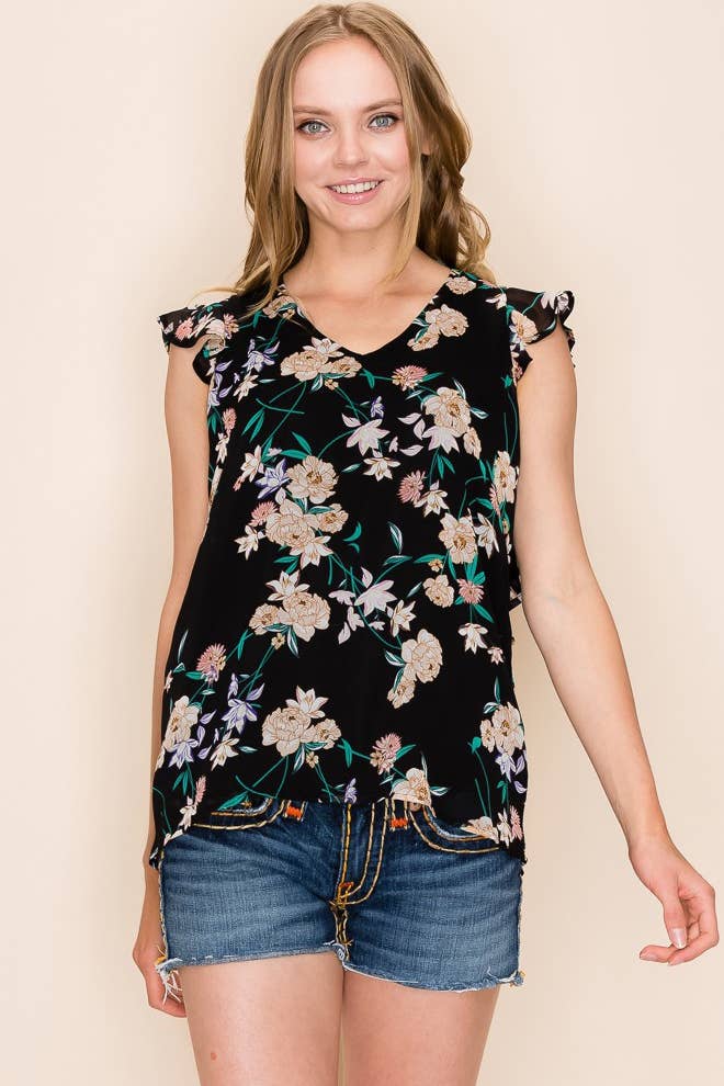 Shopin LA - SP2919T-0619 - WOMEN FLORAL PRINT RUFFLE BLOUSE