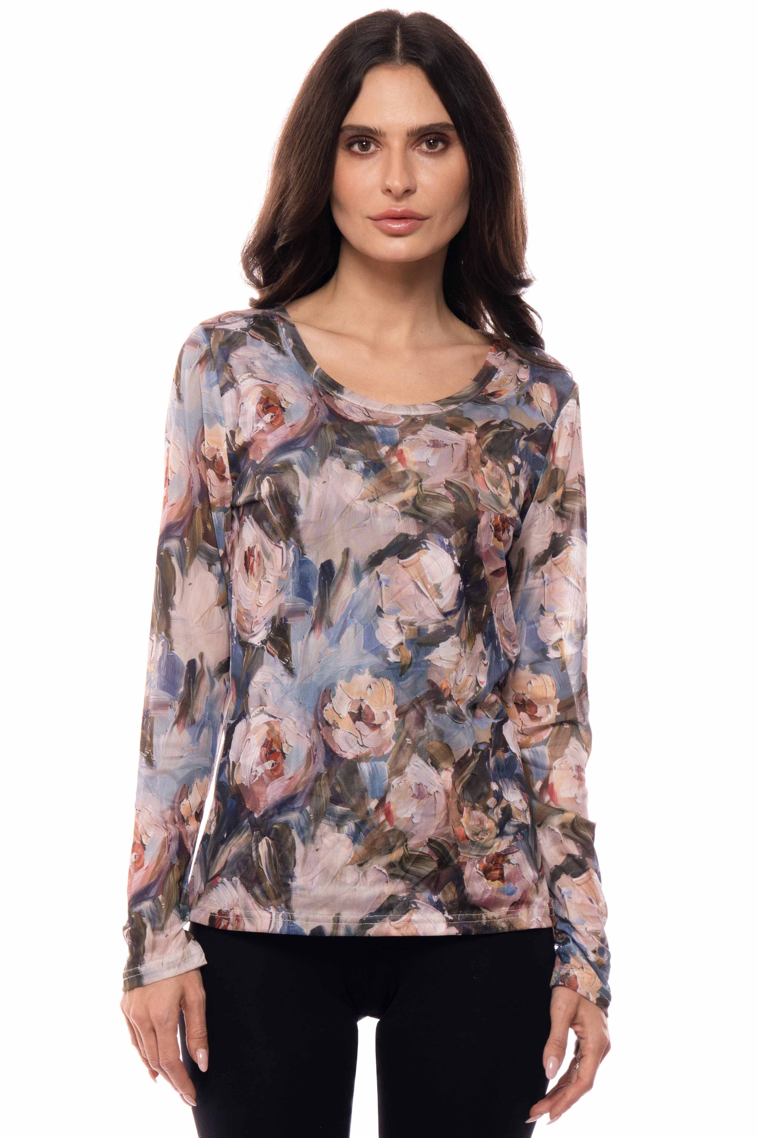 Adore - 90452-A4 Painterly Rose Long Sleeve Mesh Top