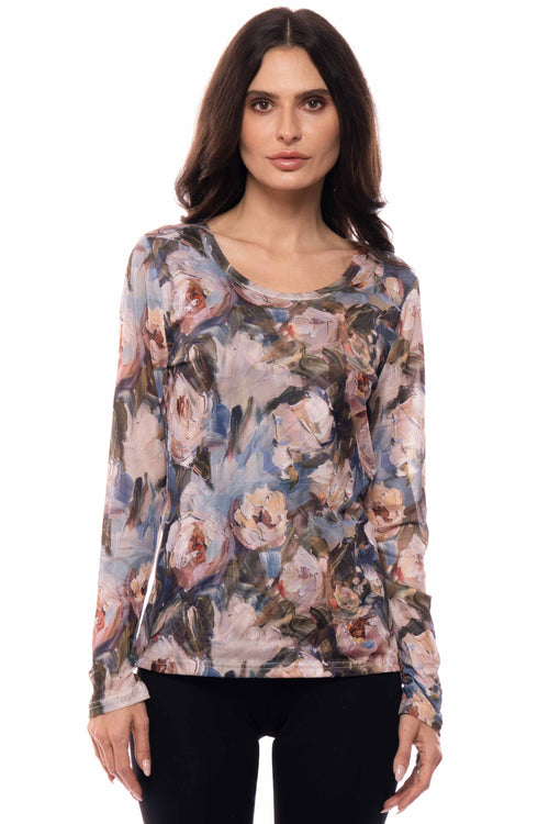 Adore - 90452-A4 Painterly Rose Long Sleeve Mesh Top