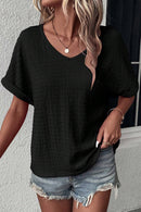 Bright Pink Textured Rolled Short Sleeve V Neck Blouse
