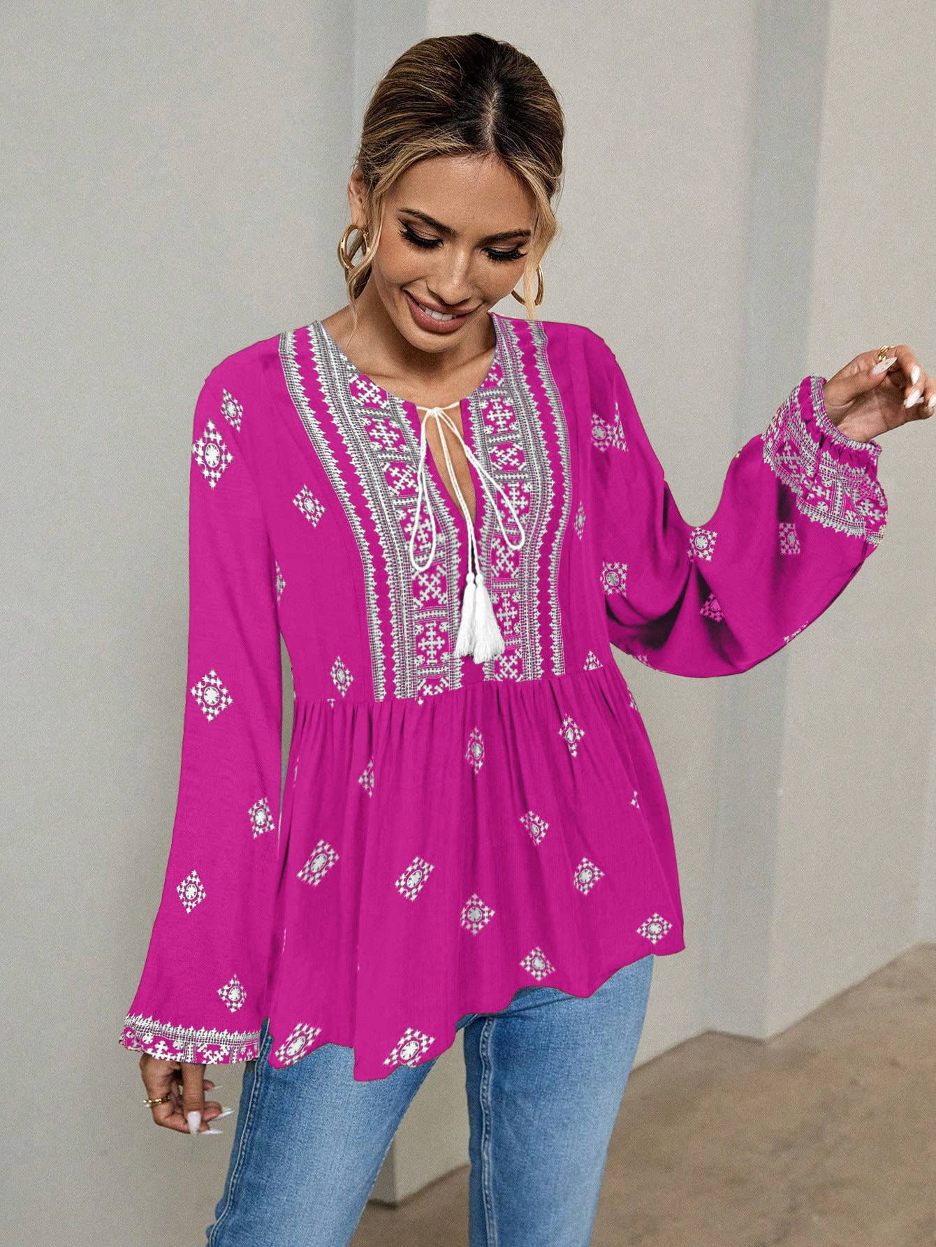 Hope & Sunshine - Boho Lantern Sleeve Tie-Neck Blouse