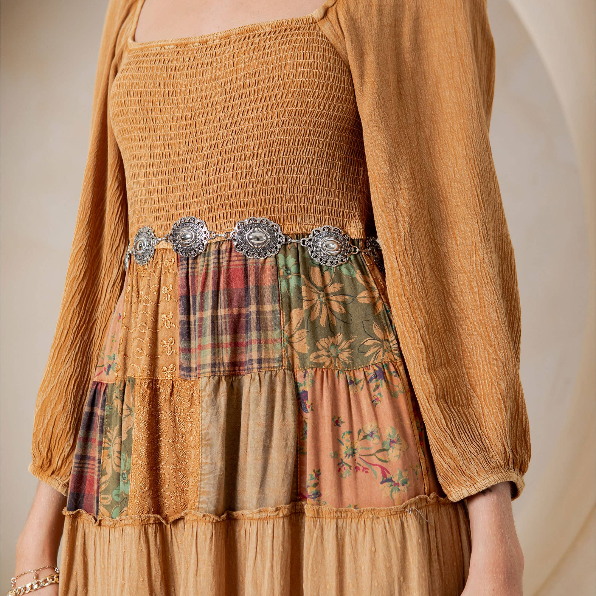 Young Threads - Rustic Bohemian: Smocked Patchwork Maxi Dress - New