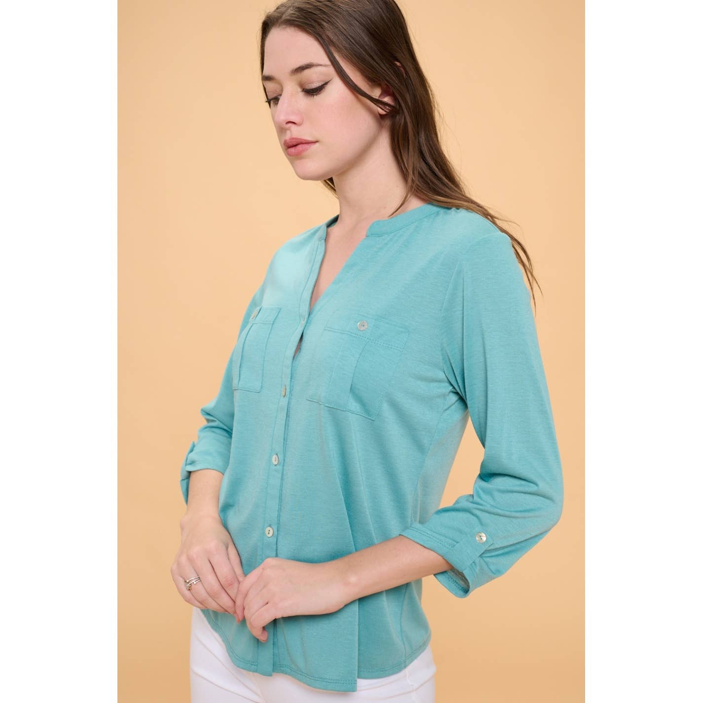 Perseption - FULL PLACKET MANDERINE ROLL TAB SHELL BUTTON SHIRT