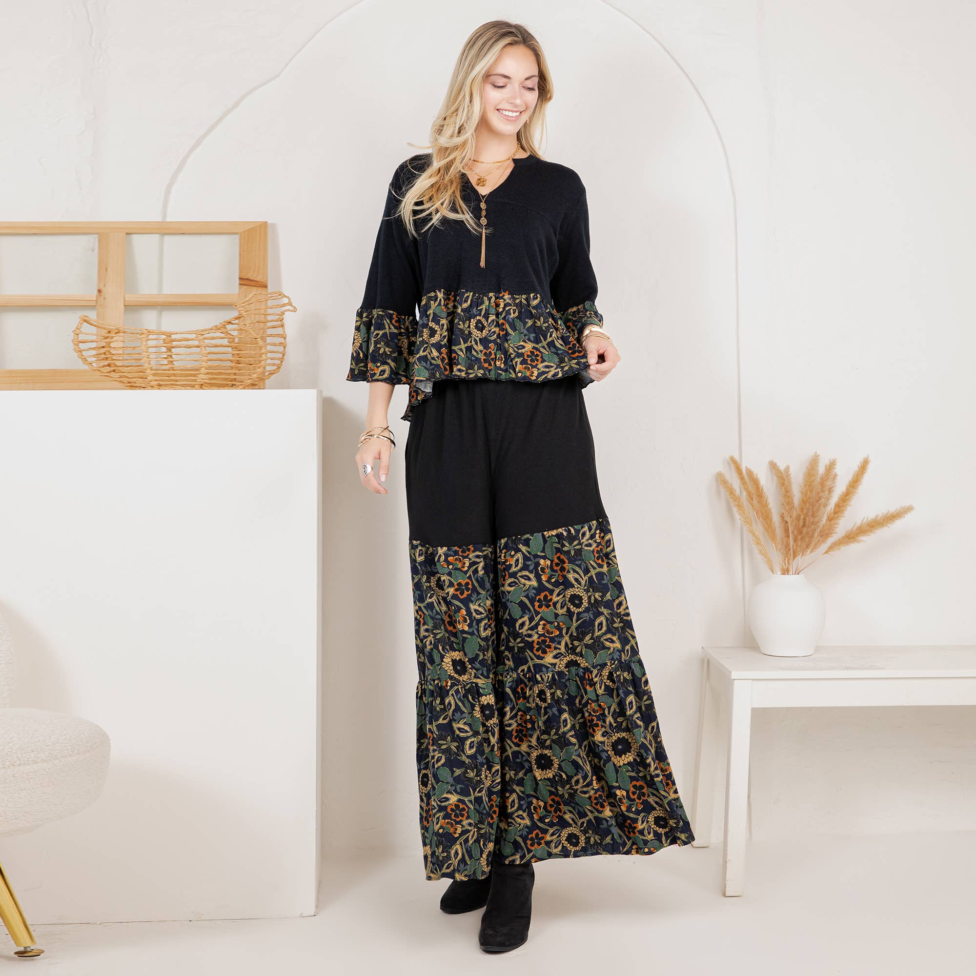 Young Threads - Chic Boho Set: Sweater Jhabla & Mixed Print Drape Pants