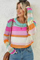 Green Colorblock Striped Hollow Knitted Top