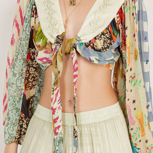 Young Threads - Bohemian Patchwork Set: Tie-Front Top & Flowing Tiered Pants