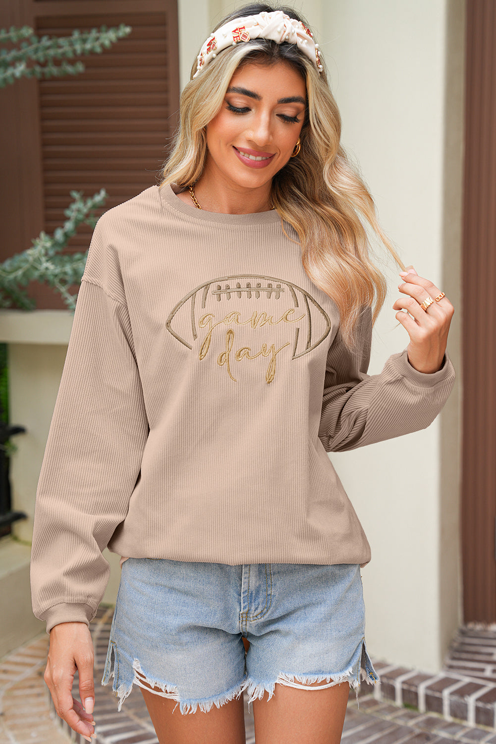 White Football Graphic Game Day Embroidered Corded Sweatshirt