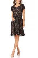MOA COLLECTION - Women's Lace Short Sleeve A-Line Midi Dress