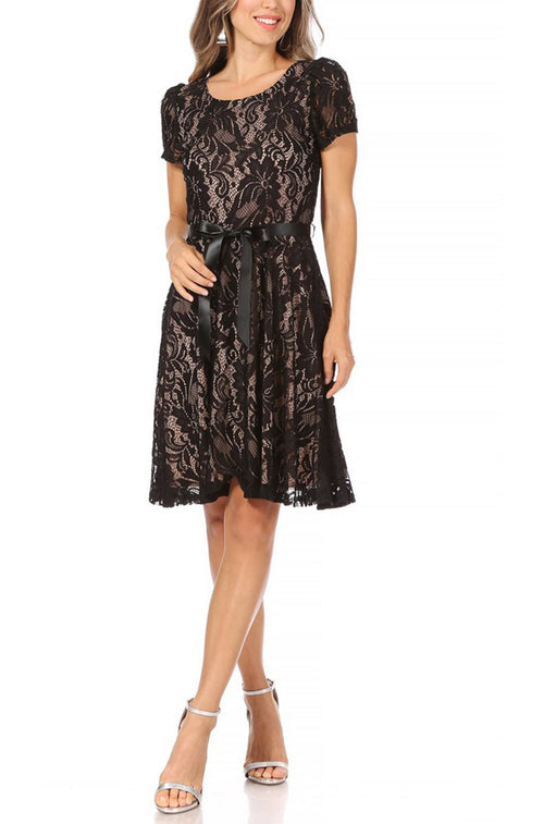 MOA COLLECTION - Women's Lace Short Sleeve A-Line Midi Dress