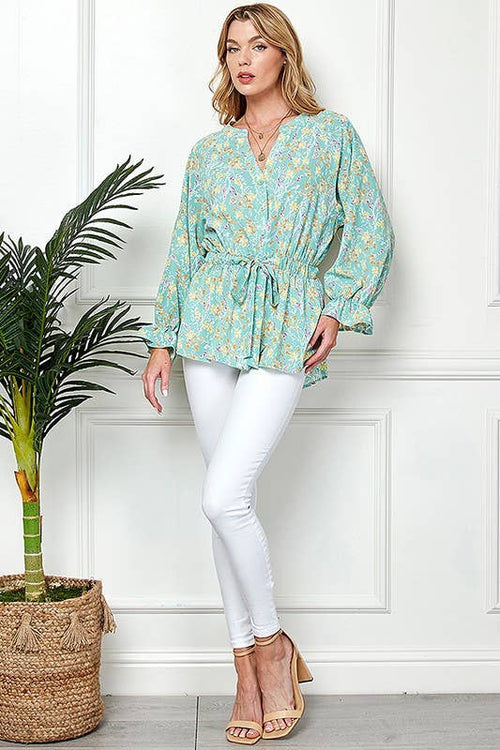 Shopin LA - CSP9143. - WOMEN MULTI COLOR RUFFLE DRAWSTRING BUTTON TOP