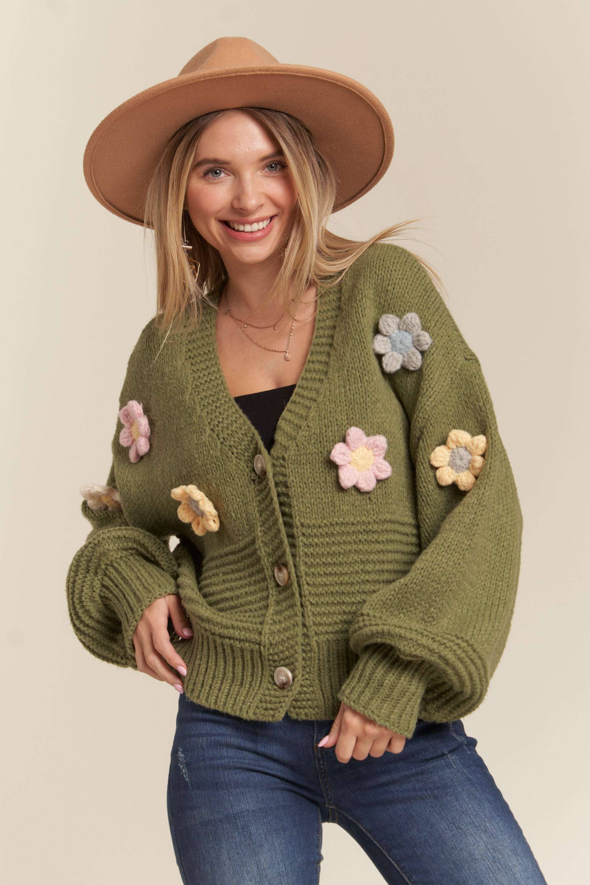 Madelyn - LESW2654- FLORAL PATCHED SWEATER CARDIGAN