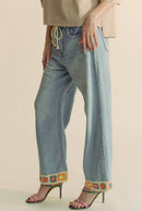 Davi & Dani - CROCHET TRIM STRAIGHT LEG DENIM JEANS