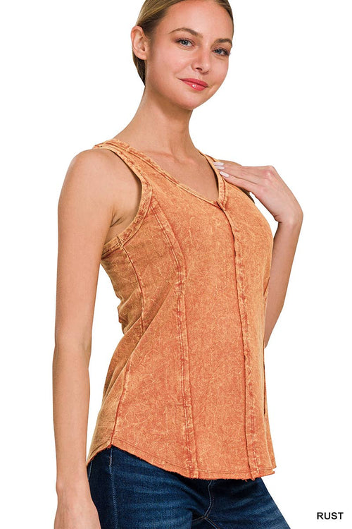 42POPS - `.SI-25350 Washed Raw Edge V Neck Sleeveless Top