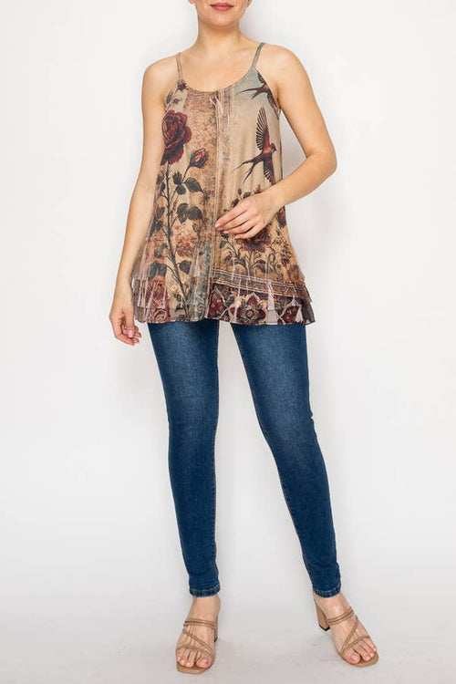 Origami Apparel ~  Lace and Crochet inspired - Adjustable Relaxed Cami Tank With Layered Ruffled Trim - T14TP VINT BIRD