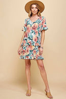 Shopin LA - .SD21025-1011 WOMEN FLORAL SHORT SLV MIDI DRESS WITH RUFFLE