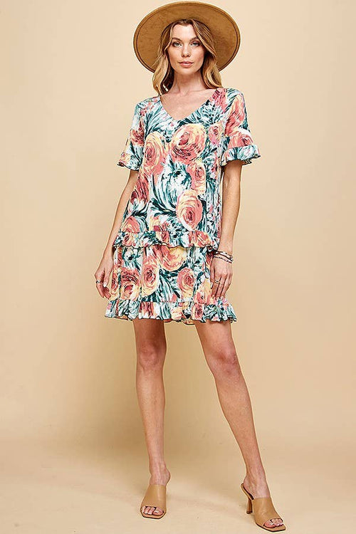Shopin LA - .SD21025-1011 WOMEN FLORAL SHORT SLV MIDI DRESS WITH RUFFLE