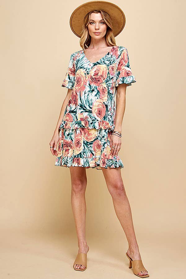 Shopin LA - .SD21025-1011 WOMEN FLORAL SHORT SLV MIDI DRESS WITH RUFFLE