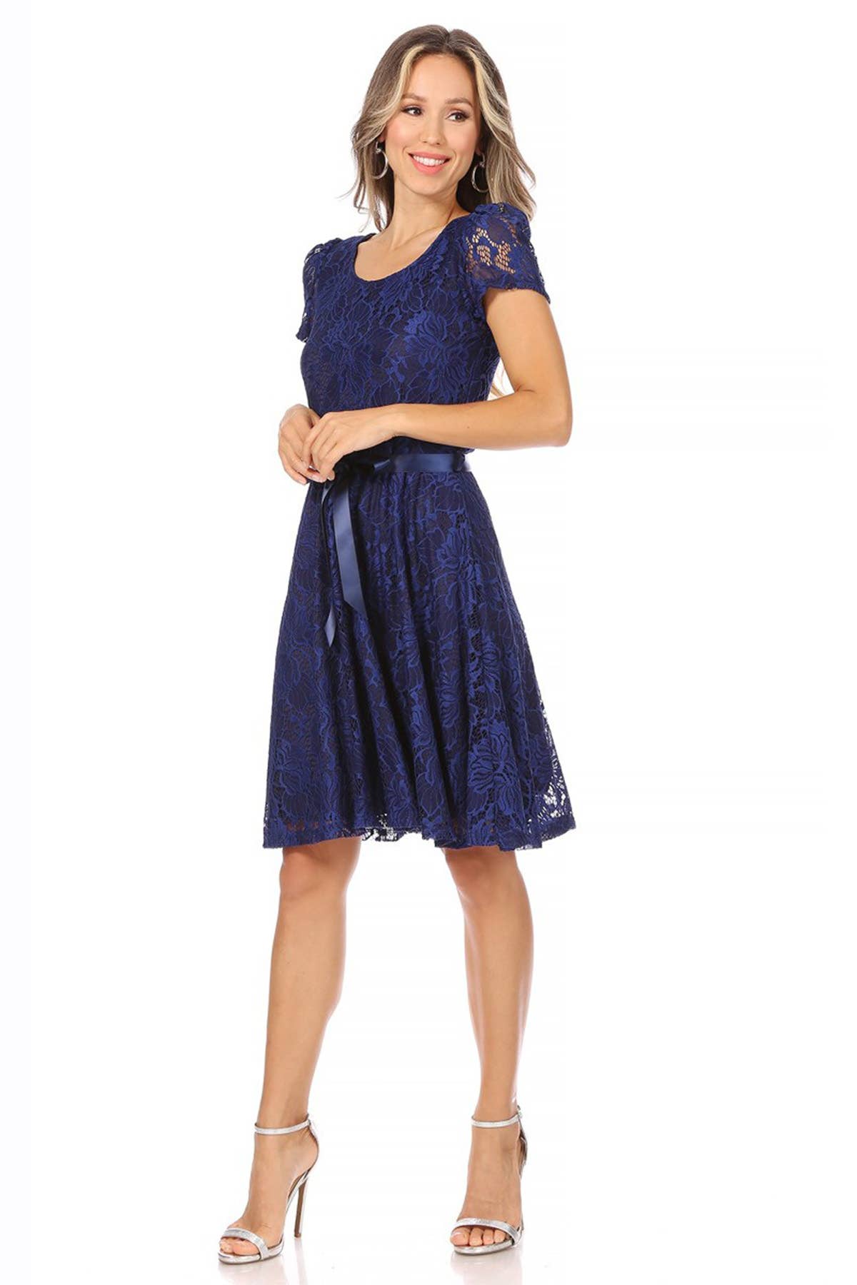 MOA COLLECTION - Women's Lace Short Sleeve A-Line Midi Dress