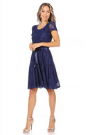 MOA COLLECTION - Women's Lace Short Sleeve A-Line Midi Dress