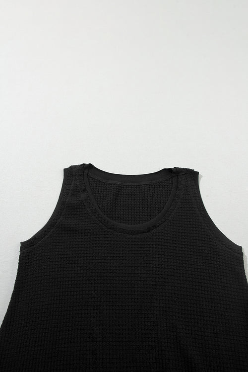 Black Scoop Neck Waffle Knit Splicing Flowy Vest