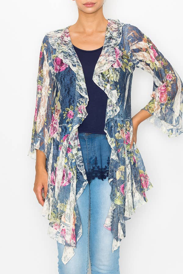 Origami Apparel ~  Lace and Crochet inspired - OLS-4495 BG/DENIM ROSE