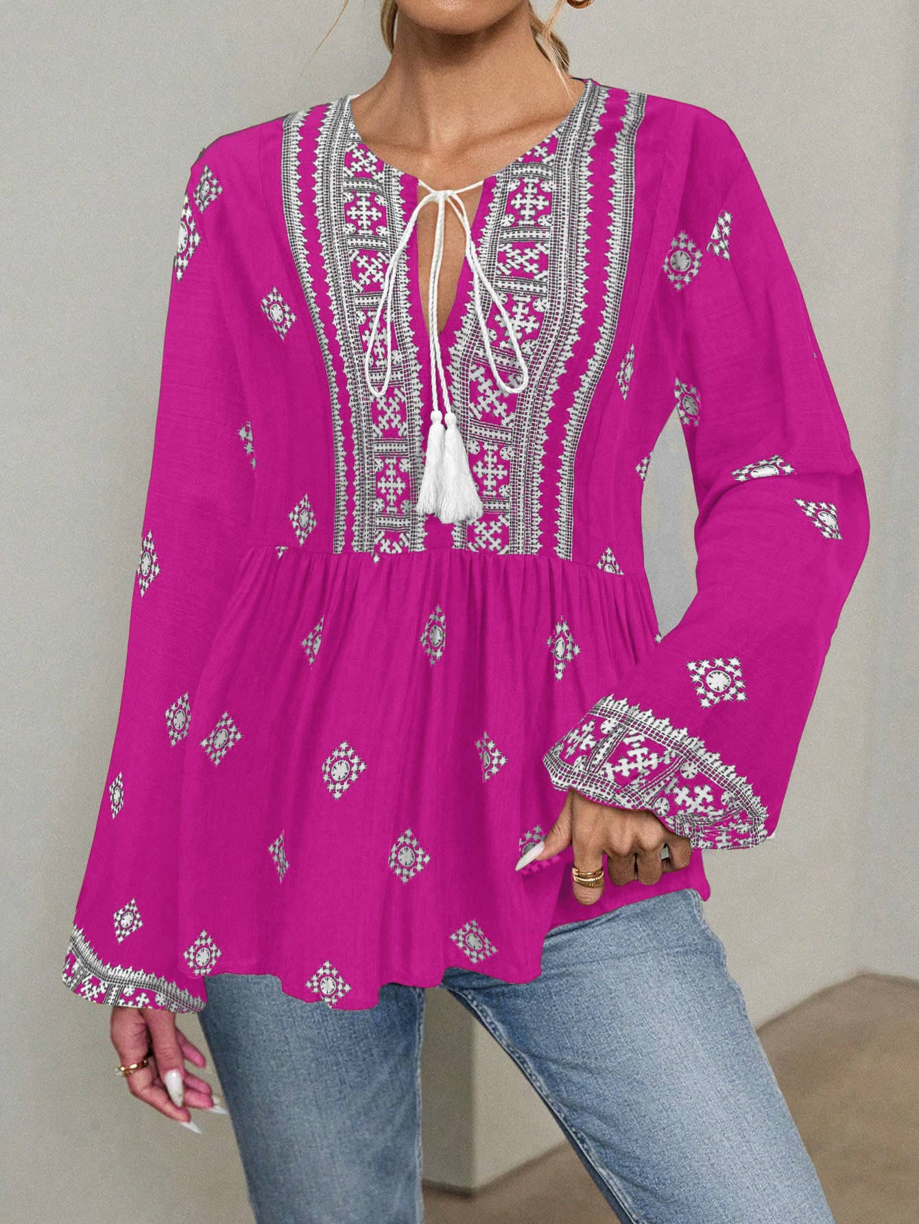 Hope & Sunshine - Boho Lantern Sleeve Tie-Neck Blouse