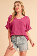 Bright Pink Textured Rolled Short Sleeve V Neck Blouse