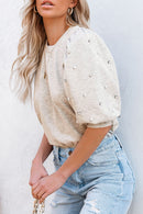 Black Rhinestone Pearl Puff Sleeve Plain T Shirt