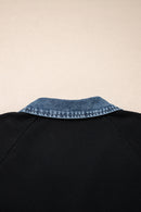 Black Plus Size Textured Contrast Denim Patchwork Button Polo Tee