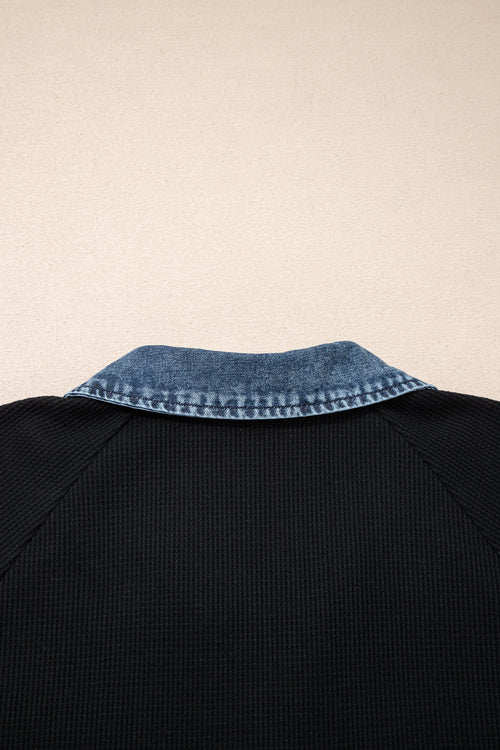 Black Plus Size Textured Contrast Denim Patchwork Button Polo Tee