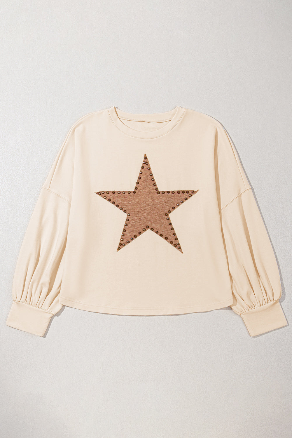 Beige Star Pattern Studded Crew Neck Plus Size Top