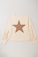 Beige Star Pattern Studded Crew Neck Plus Size Top