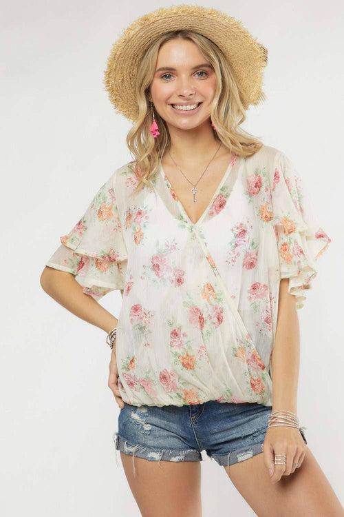 Madelyn - LYT14199A-PRINTED CROSS OVER FLARE SLEEVE TOP