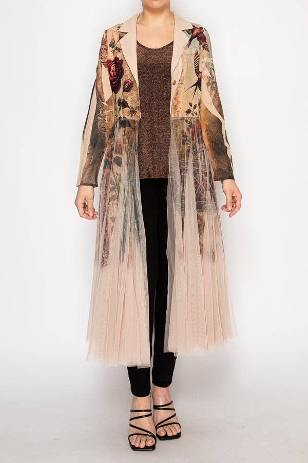 Origami Apparel ~  Lace and Crochet inspired - Chic Contrast Longline Blazer Jacket With Mesh Tulle Panel - 4773TP VINT BIRD