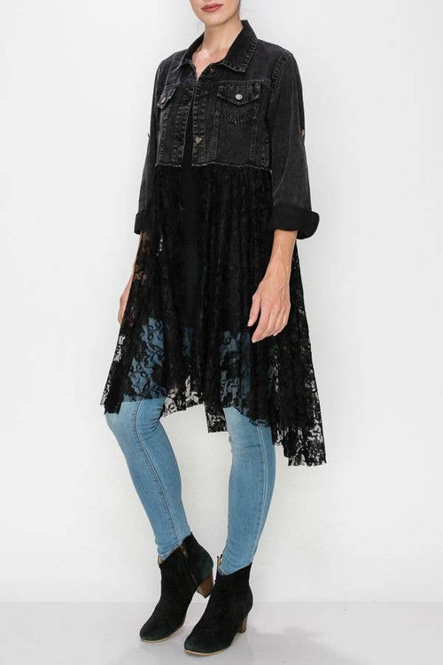Origami Apparel ~  Lace and Crochet inspired - OLS-4510 Black Jean Top Jacket Lace Bottom