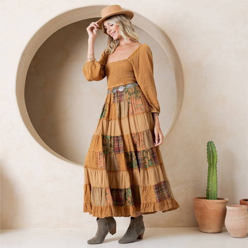 Young Threads - Rustic Bohemian: Smocked Patchwork Maxi Dress - New