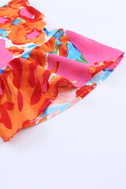 Sky Blue Boho Abstract Print V Neck Flutter Sleeve Blouse