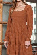 Brown Long Sleeve Smocked Tiered Boho Dress