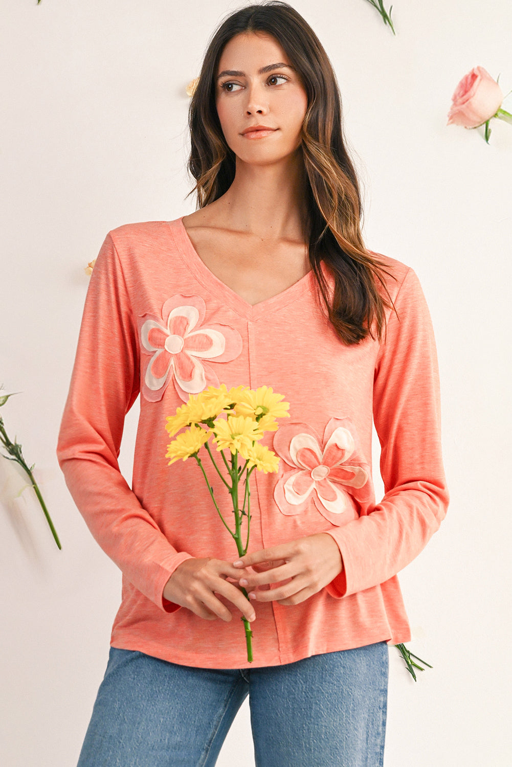 Fresh Salmon Floral Patched V Neck Long Sleeve Top