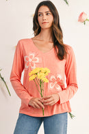 Fresh Salmon Floral Patched V Neck Long Sleeve Top