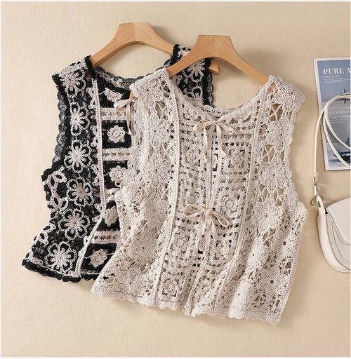 Hope & Sunshine - Crochet Lace-Up Open Knit Cardigan