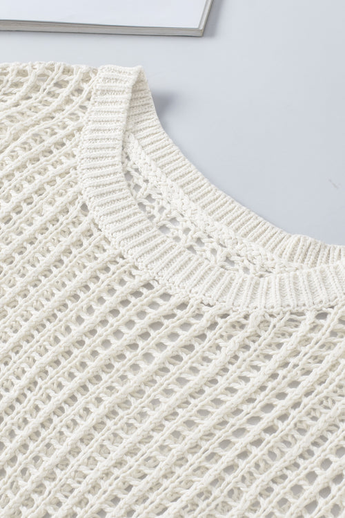 Apricot Fishnet Knit Ribbed Round Neck Short Sleeve Tee